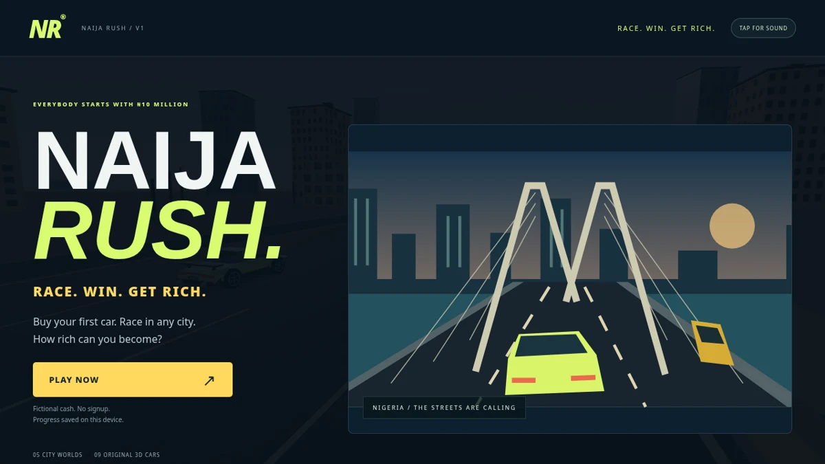 Genuine Naija Rush landing screen showing its title and illustrated bridge race.
