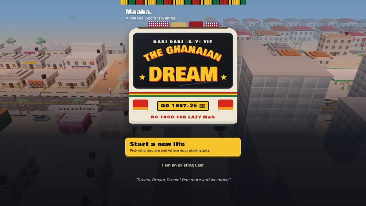 Genuine Ghanaian Dream title screen with a trotro overlooking Accra’s streets.