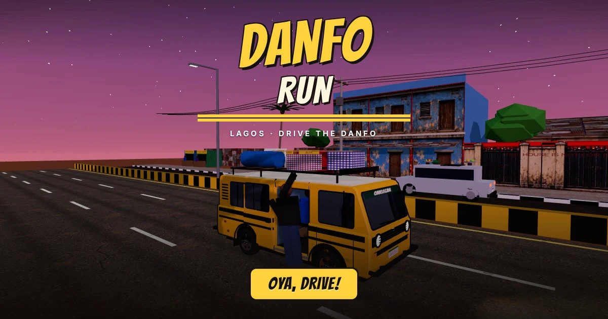 Official Danfo Run artwork showing a yellow danfo on a Lagos road.