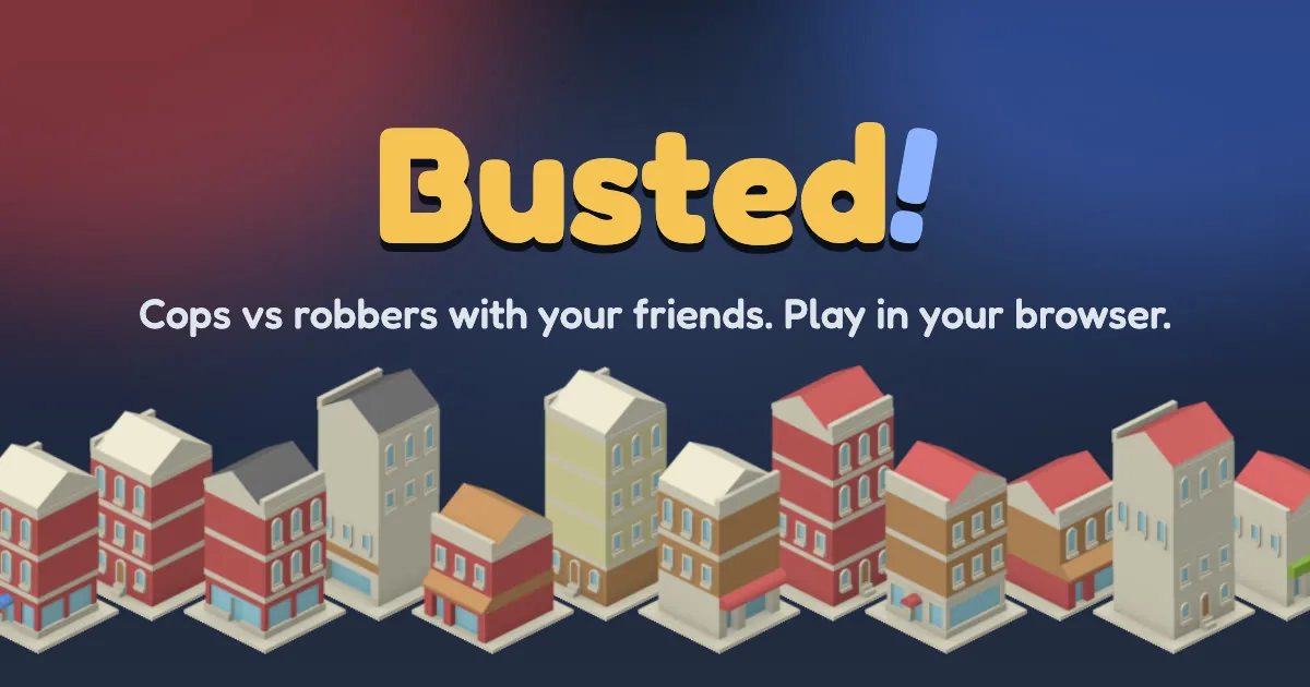 Official Busted! artwork with the game title over a row of isometric city buildings.
