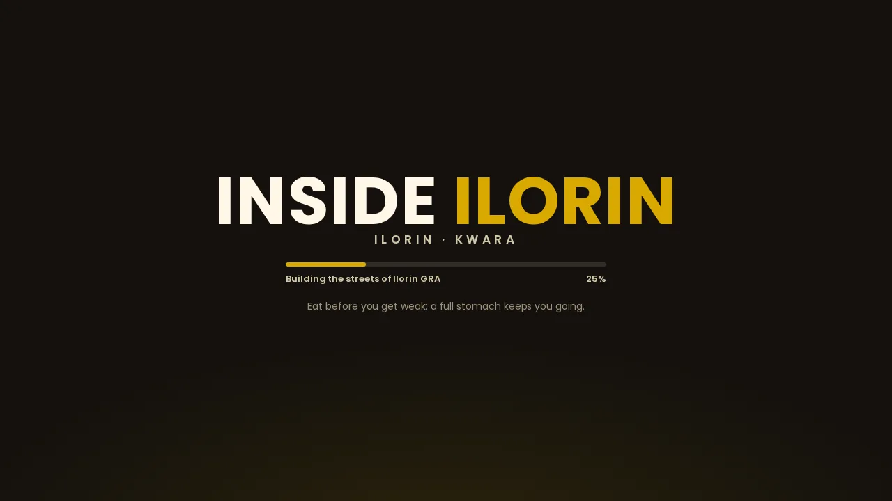 Genuine Inside Ilorin loading screen showing the game's title over a dark Ilorin street scene.