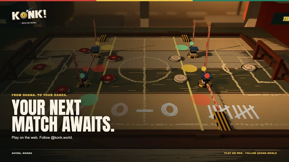 Official KONK! artwork showing bottle-cap players on a chalk-marked tabletop football pitch.