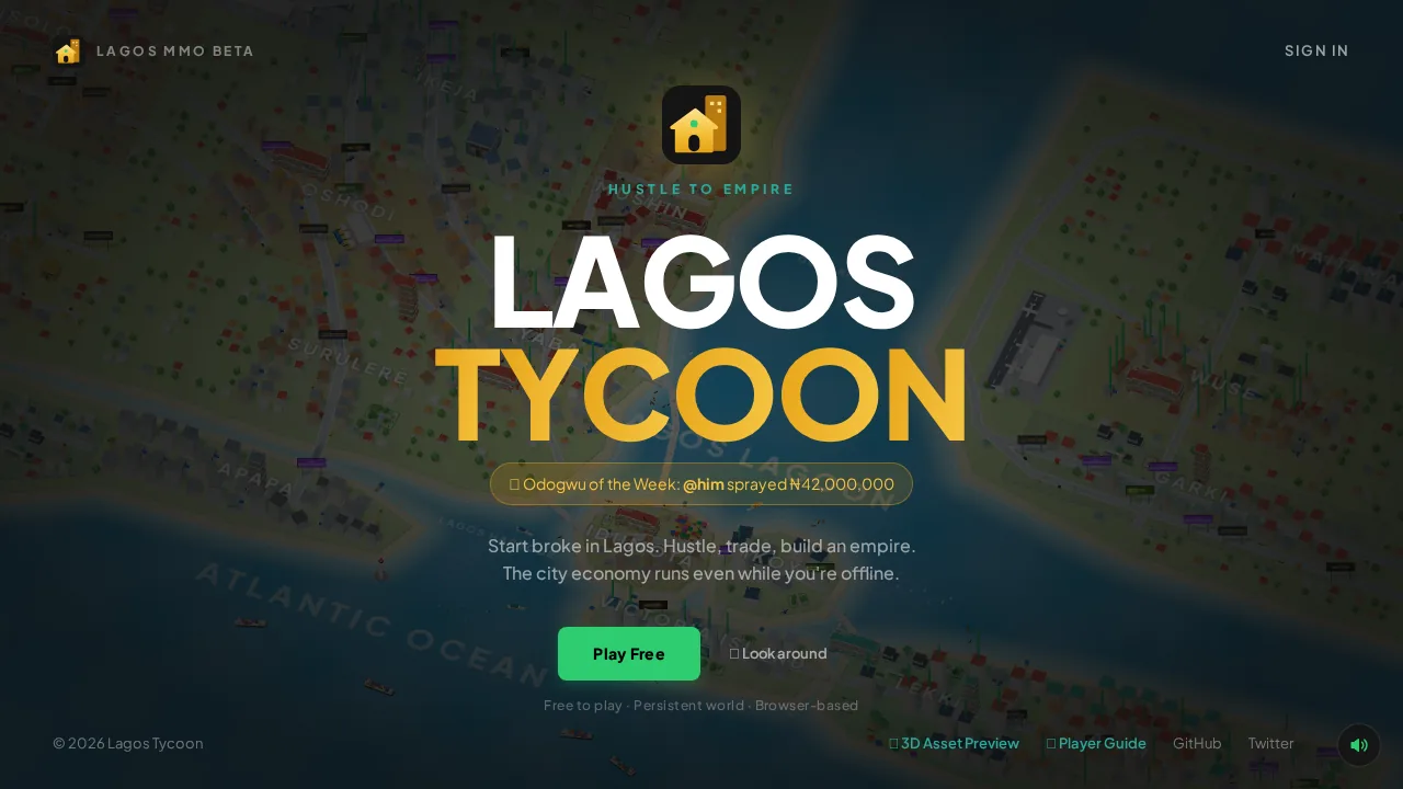 Genuine Lagos Tycoon title screen showing the game's name over an isometric Lagos map.