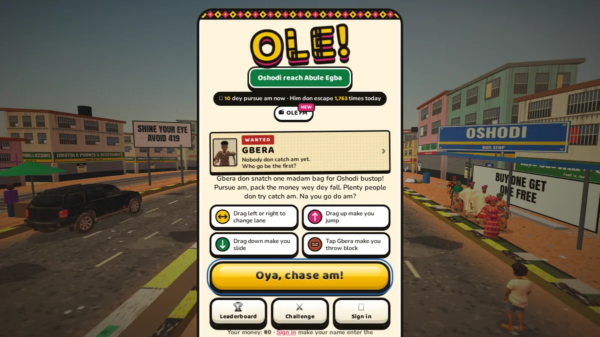 Genuine Ole! Catch Thief title screen over a 3D Lagos street, showing the Gbera wanted card.