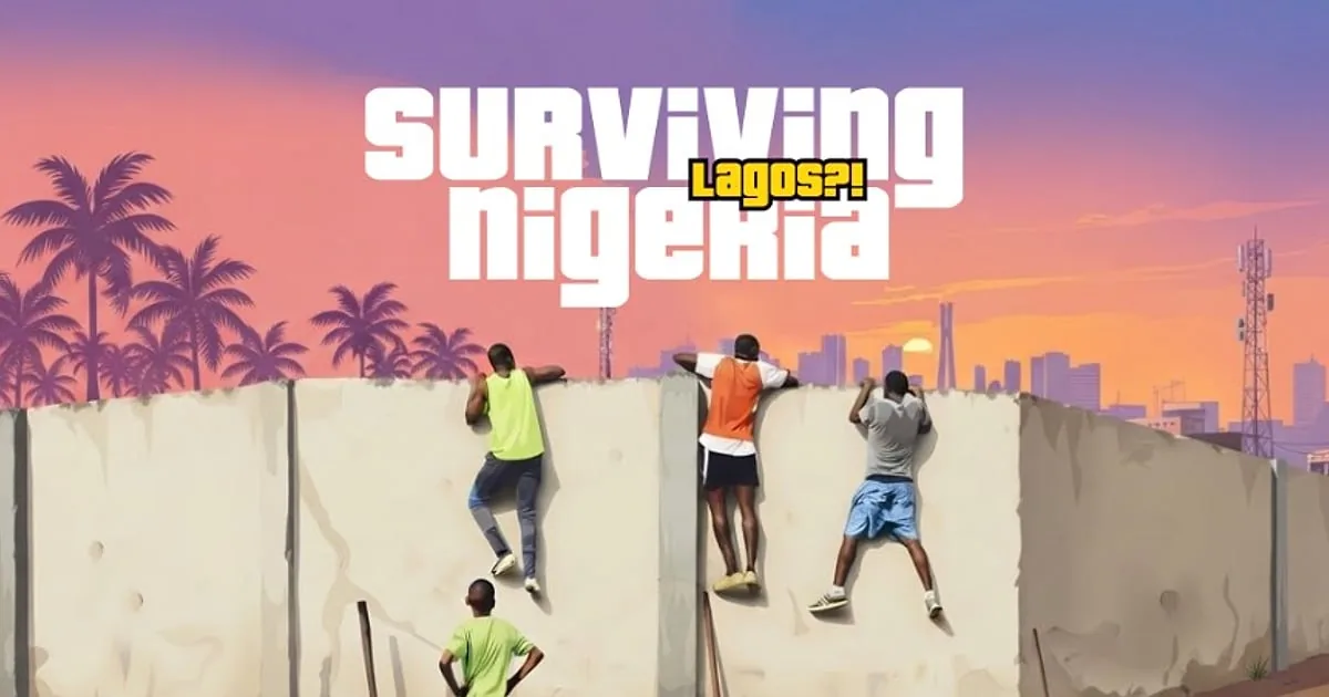 Official Surviving Nigeria artwork with young men climbing a wall at sunset in Lagos.