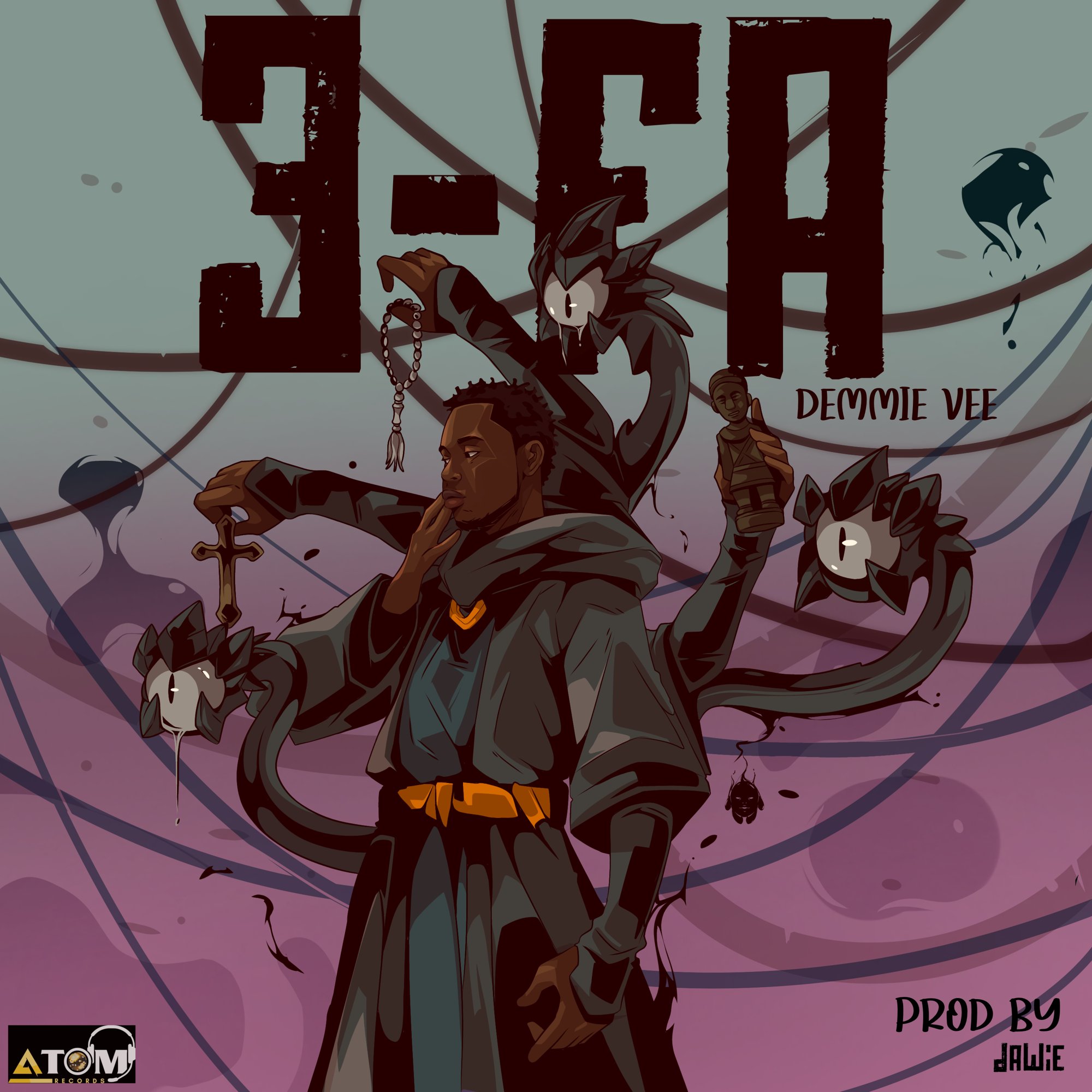 Cover artwork for 3FA, with large lettering over a teal and pink illustration of a multi-armed figure.