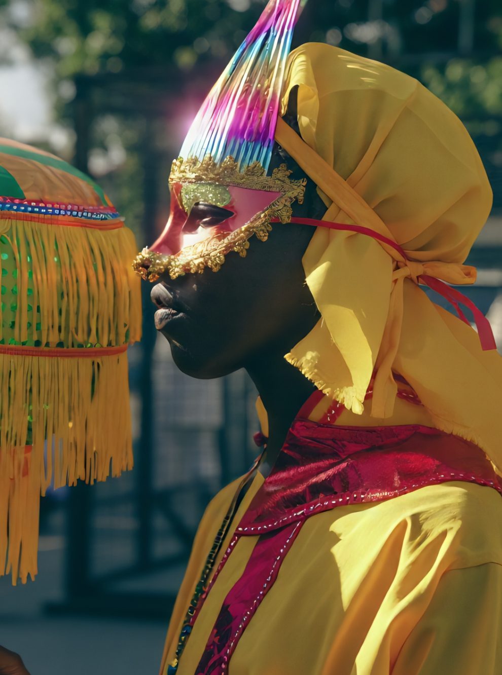 A masquerade performer in yellow and gold at a daytime cultural gathering.