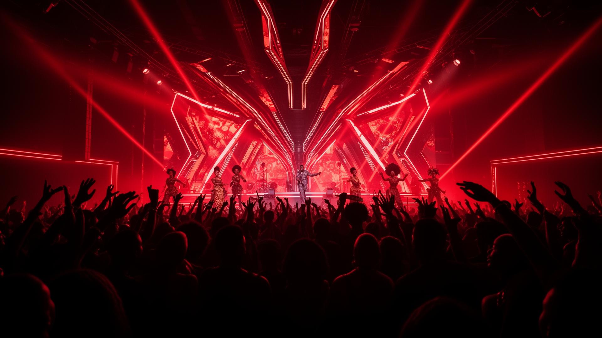 A concert crowd faces a stage of performers under red light.