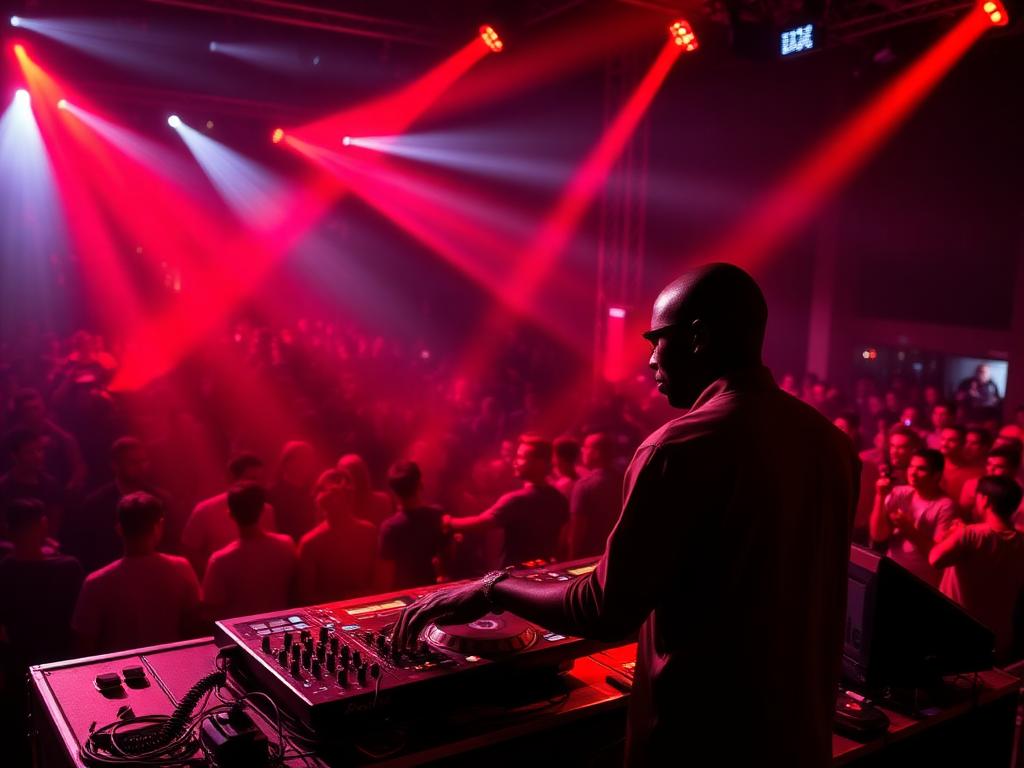 A DJ plays to a packed room under red stage lights.