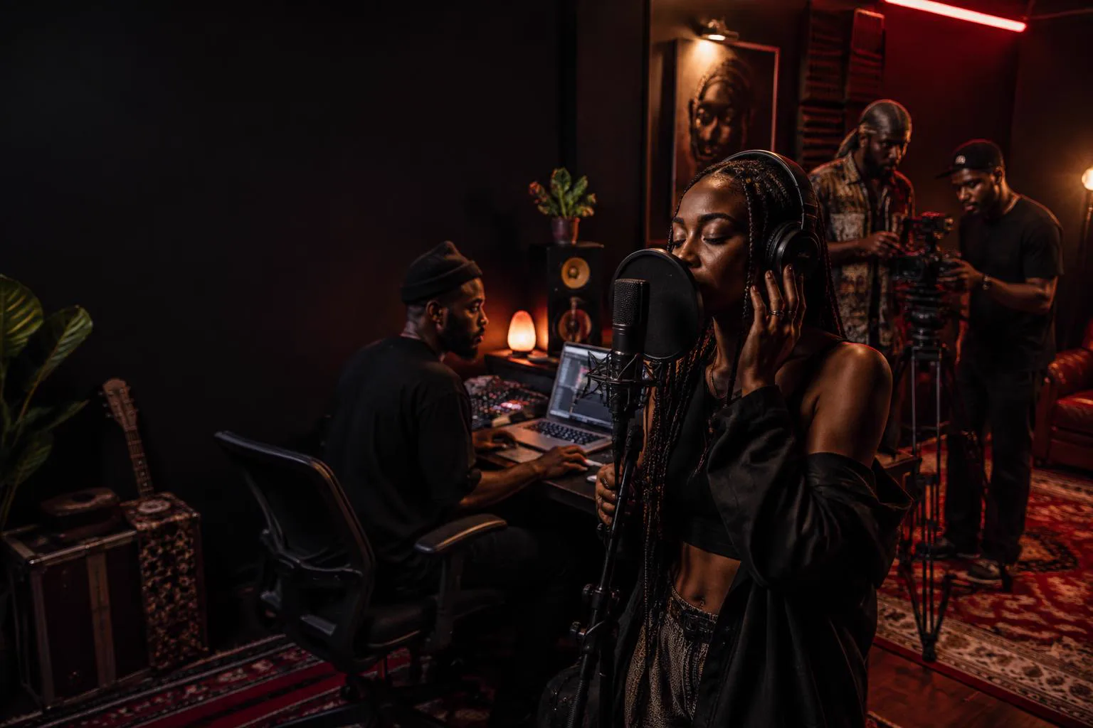 A singer records with a producer and a camera operator in a studio.