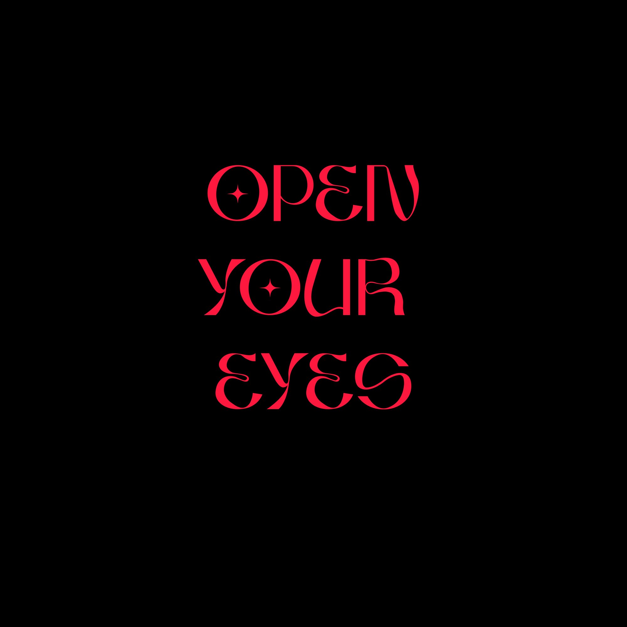 Cover for Open Your Eyes: red handwriting on a black field.