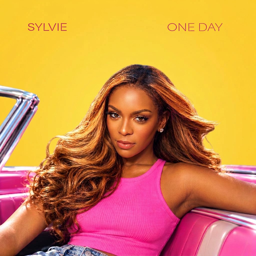Official cover art for One Day by Sylvie: she sits in a pink car against a yellow background